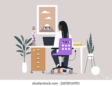 A designer engages with a laptop in a stylish workspace, surrounded by plants and unique decor, reflecting a blend of creativity and tranquility in a modern office environment
