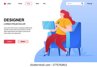 Designer flat landing page composition. Professional digital artist or designer using graphic tablet. Colorful people character with noise texture vector illustration. Visual design and creativity.