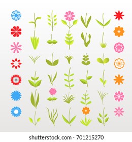 The designer of flowers. A set of simple elements, a large set of simple elements of leaves and flowers branches on a white background. Stylized summer or spring flowers, floral design elements
