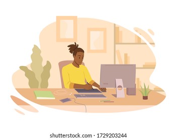 Designer freelance work at home. Using laptop and pen tablet. Vector illustration isolated on white background, flat style. 