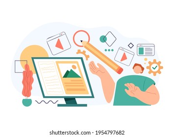Trabajador independiente de diseño trabajando y dibujando la interfaz de diseño de arte digital. Dibujo plano vectorial ilustración abstracta de estilo moderno