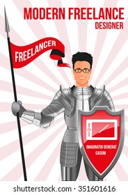 Designer freelancer design concept. Confident man wearing armor and glasses, holding lance and shield. Mix of modern and vintage - he is ready to pick any job. His title IMAGINATION CREATES EVENTS