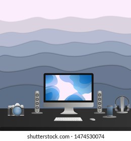 Designer or freelancer work place. Creative workplace with monitor on desk, photo camera, speakers, headphones, mobile phone. Vector illustration