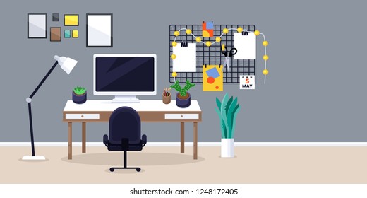 Designer or freelancer work place, vector flat illustration. Creative workplace with monitor and cacti on desk, moodboard, chair.