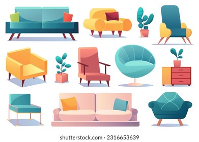 Designer furniture set. This illustration is a flat, cartoon-style set of designer furniture featuring a variety of modern and stylish pieces. Vector illustration.