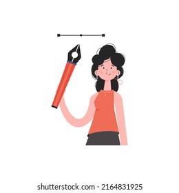 The designer girl stands waist-deep and holds a pen tool in her hands. Isolated. Element for presentations, sites. Vector illustration