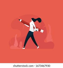 Designer Girl Walking With Laptop, Freelancer Designer Lady, Woman With Laptop Concept