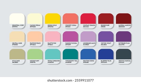 Designer (Graphic, Fashion, Interior, Industrial) Color Guide Palette with Color Names. Catalog Samples Designer RGB HEX codes and Names. Designer Color Palette, Fashion Trend Designer Color Palette