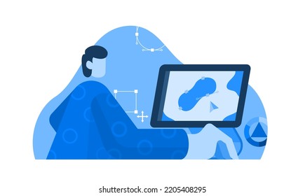 Designer Graphic in Front of Computer Vector Flat Character Illustration Background Template Design Concept Blue Color