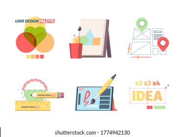 Designer graphic tools set. Creative color selection palette development website layout canvas with abstract geometric shapes magnification of word idea graphical editor. Vector web style.