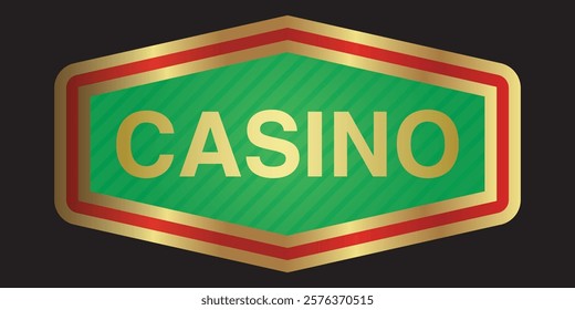 Designer green casino logo in golden frame. Vector on a black background