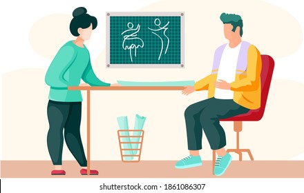 The designer in green shoes communicates with the customer about new clothes. Female character is choosing one of two styles for the future dress. The tailor makes notes vector illustration