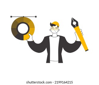 The designer guy holds a color wheel in his hands. Line art style. Isolated. Vector illustration.