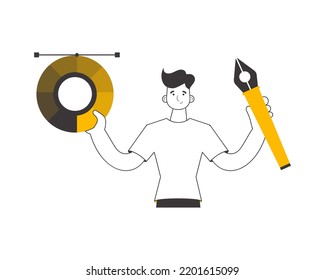 The designer guy holds a color wheel in his hands. Lines modern style. Isolated on white background. Vector illustration.