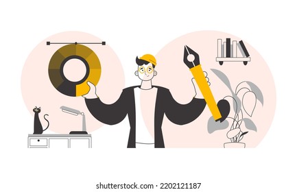 The designer guy holds a color wheel in his hands. Linear trendy style. Vector.