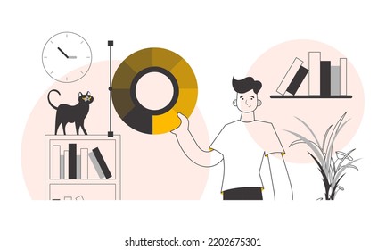The designer guy holds a color wheel in his hands. Lines modern style. Vector illustration.