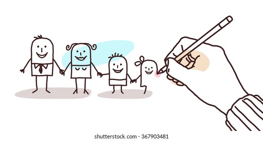 designer hand drawing a cartoon family