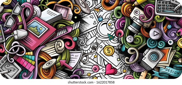 Designer hand drawn doodle banner. Cartoon detailed flyer. Design identity with objects and symbols. Color vector design elements background