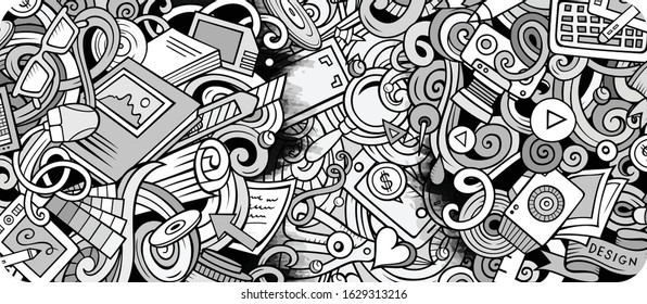 Designer hand drawn doodle banner. Cartoon detailed flyer. Design identity with objects and symbols. Monochrome vector design elements background