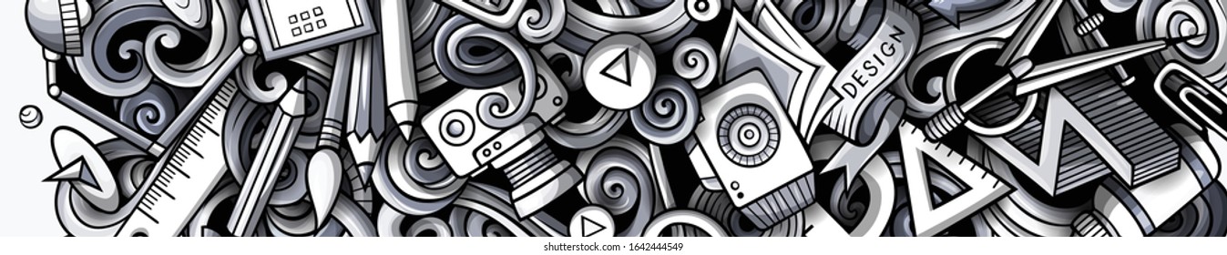 Designer hand drawn doodle banner. Cartoon detailed flyer. Design identity with objects and symbols. Monochrome vector design elements background