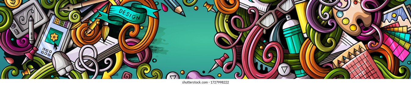 Designer hand drawn doodle banner. Cartoon detailed flyer. Design identity with objects and symbols. Color vector design elements background