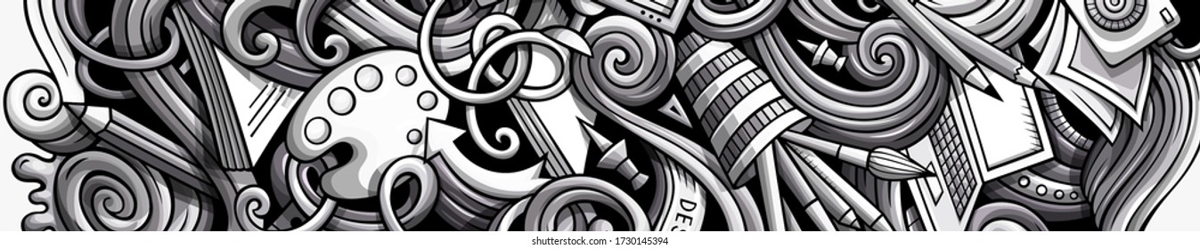 Designer hand drawn doodle banner. Cartoon detailed flyer. Design identity with objects and symbols. Monochrome vector design elements background