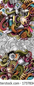 Designer hand drawn doodle banner. Cartoon detailed flyer. Design identity with objects and symbols. Color vector design elements background
