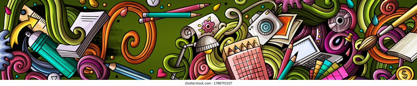 Designer hand drawn doodle banner. Cartoon detailed flyer. Design identity with objects and symbols. Color vector design elements background