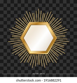 Designer hexagonal mirror with golden frame and beams around. Realistic style. Vector illustration.