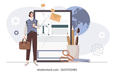 A designer holding coffee and briefcase stands beside oversized text editing tools, pencils, and globe on abstract background. Concept of global creativity. Vector illustration