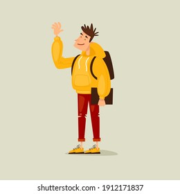 Designer is holding a laptop. Remote work. Flat design vector illustration.