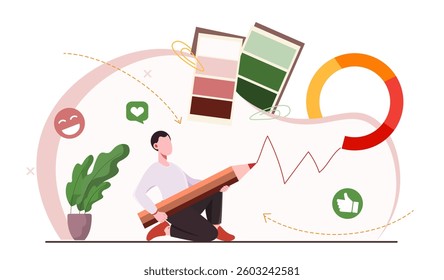 A designer holding a large pencil, surrounded by color palettes, graphs, and social media icons, representing creativity and design thinking on a light background. Vector illustration