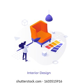 Designer holding paint brush standing in front of elegant armchair and color palette. Concept of interior design, home decoration, furniture for living room. Modern isometric vector illustration.