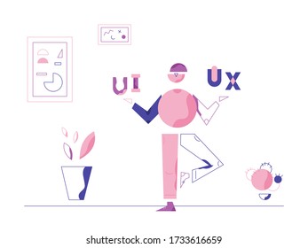 Designer Holding UI And UX Words In Balance