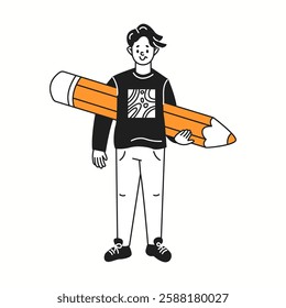 Designer holds enormous orange pencil color linear icon. Man shows dedication to bringing creative ideas to life characters doodle illustration