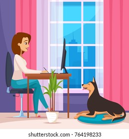 Designer at home composition with laptop table and dog flat vector illustration 