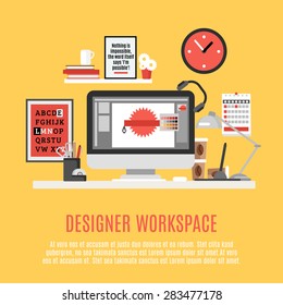 Designer home office workspace with desk computer and work tools flat vector illustration