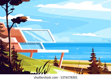 Designer house on seashore vector illustration. Architectural project of new modern home in warm southern region with picturesque seaside landscape flat style concept