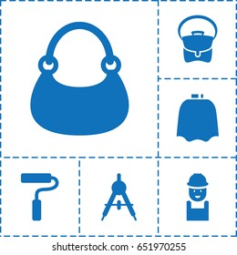 Designer icon. set of 6 designer filled icons such as compass, hairdresser peignoir, bag, worker