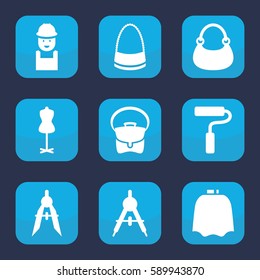 designer icon. Set of 9 filled designer icons such as compass, hairdresser peignoir, mannequin, bag, worker