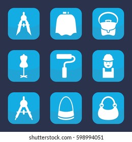 designer icon. Set of 9 filled designer icons such as compass, hairdresser peignoir, mannequin, bag, worker