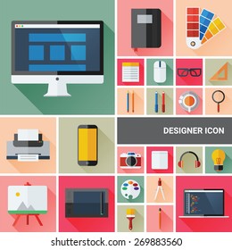 Designer Icon Set Collection With Flat And Long Shadow Design.