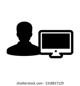 Designer icon vector male person user with computer monitor screen avatar in flat color in Glyph Pictogram Symbol illustration