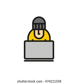 Designer, icon, Work on computer, Yellow, Hat, User, Man works on laptop, notebook