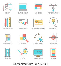 Designer icons line set with graphics tablet identity and branding symbols isolated vector illustration