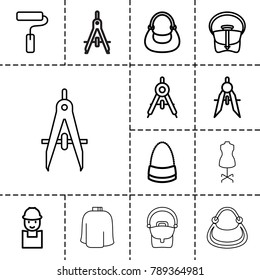 Designer icons. set of 13 editable outline designer icons such as compass, bag, worker, paint roller, hairdresser peignoir