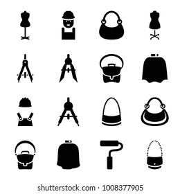 Designer icons. set of 16 editable filled designer icons such as compass, hairdresser peignoir, mannequin, bag, worker