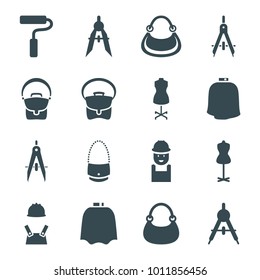 Designer icons. set of 16 editable filled designer icons such as compass, hairdresser peignoir, mannequin, bag, worker