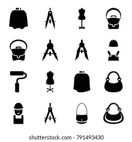 Designer icons. set of 16 editable filled designer icons such as compass, hairdresser peignoir, mannequin, bag, worker