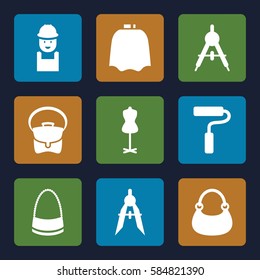designer icons set. Set of 9 designer filled icons such as compass, hairdresser peignoir, mannequin, bag, worker